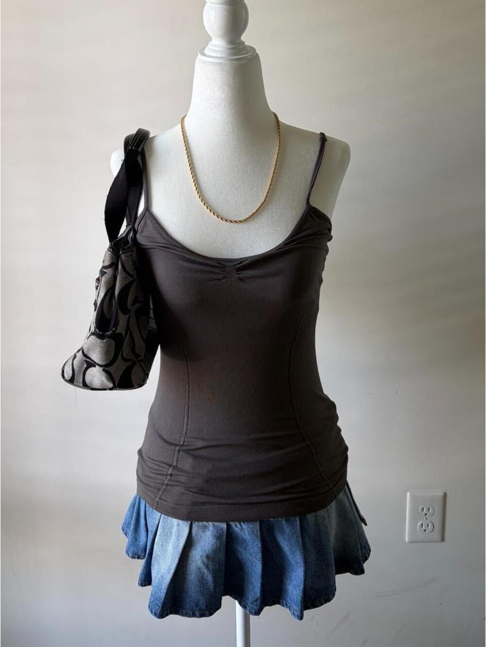Y2K Mocha Brown Ribbed Dynamic USA Spaghetti Strap Cami Tank Top